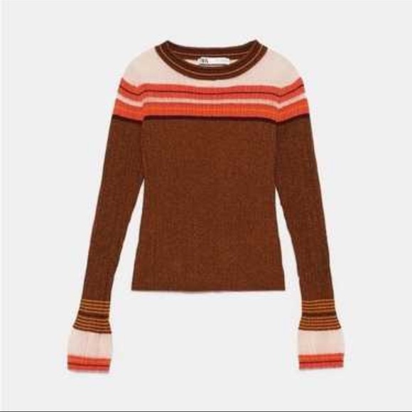 Zara Women’s Brown & Orange & Cream Sparkly Striped Bell Sleeve Knit Sweater - Picture 2 of 13